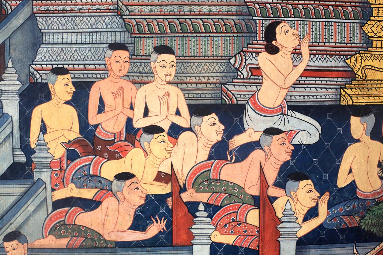 僧侣。毗卢寺内墙的壁画细节来自拉玛三世国王时代，描绘的是拉玛坚。Wat Pho - Wat Phra Chettuphon.1788.曼谷。泰国 作者 不明