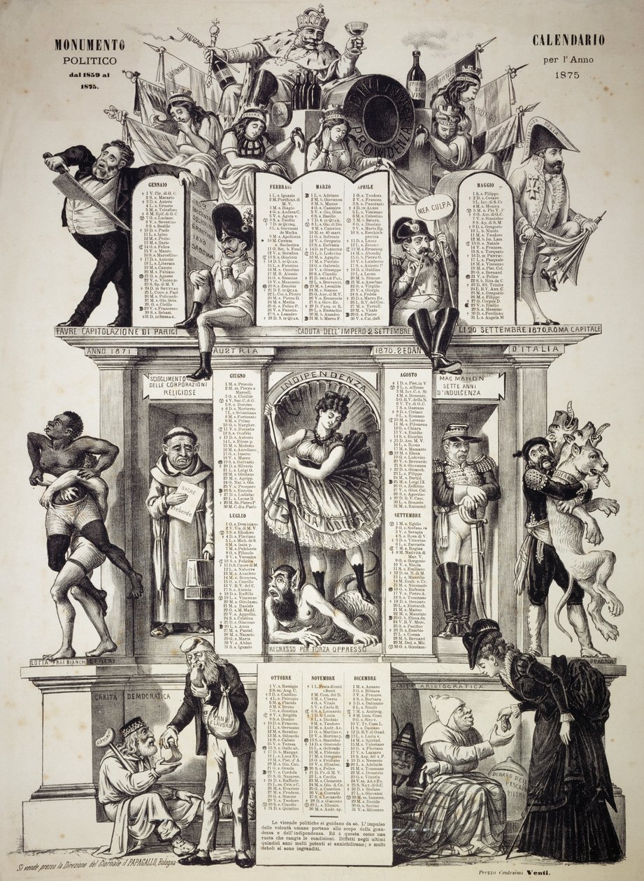 纪念性政治日历，1875年，乔治-安萨尔迪（又名达尔萨尼）（1844-1922），左下方是格罗西-奥古斯托的手写题词，他是讽刺性报纸《鹦鹉》的创始人，意大利 作者 未知艺术家