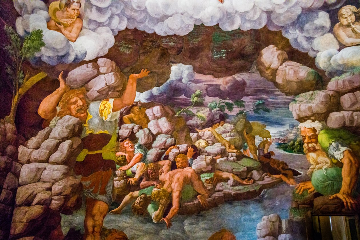 最著名的矫饰主义壁画：朱利奥·罗马诺的幻觉发明了一个圆顶，并将房间的建筑融入巨人的坠落中，巨人大厅 作者 未知艺术家