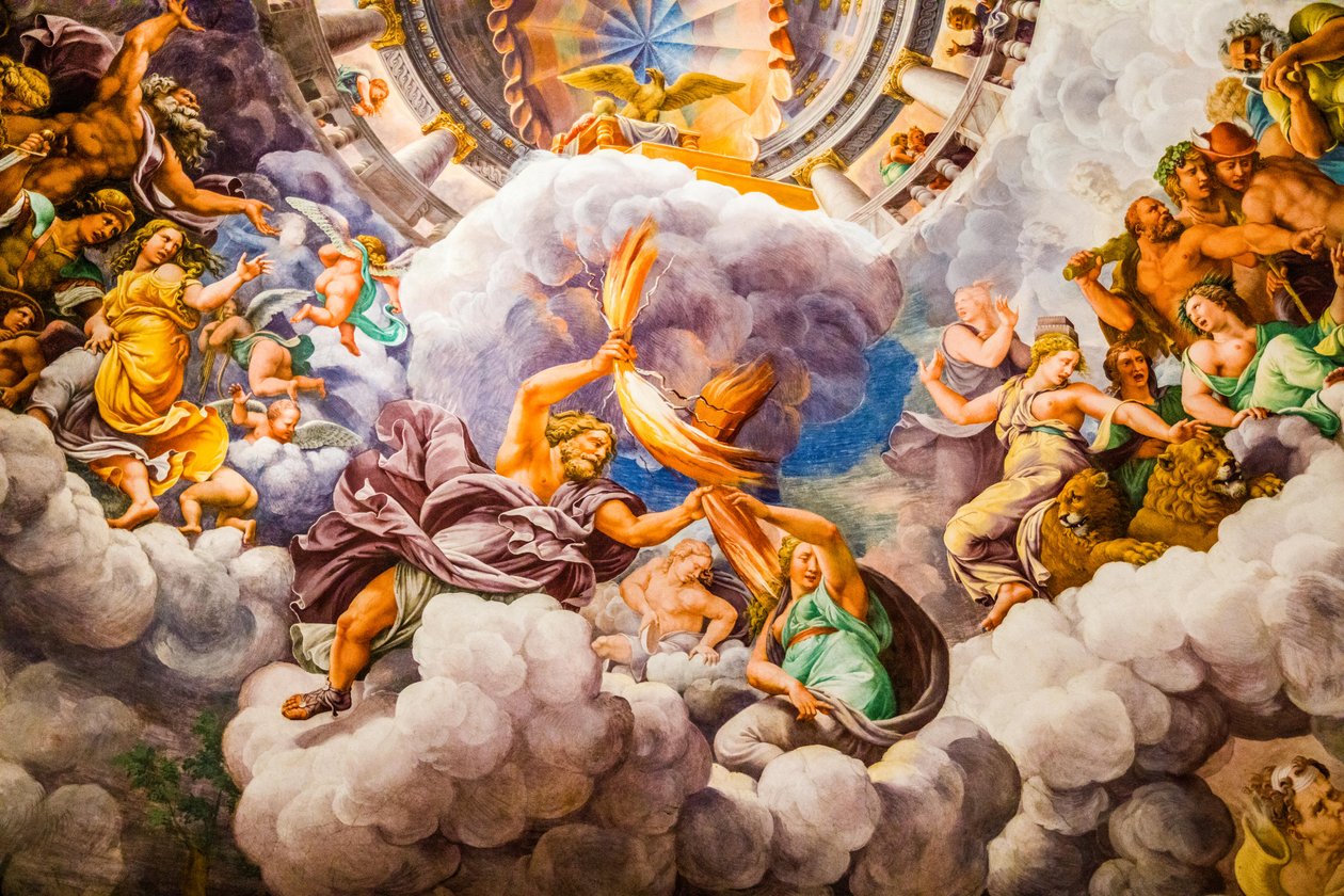 曼纳主义最有名的壁画：朱利奥-罗马诺的幻象发明了一个穹顶，将房间的建筑溶入巨人的倒下，巨人厅 作者 未知艺术家