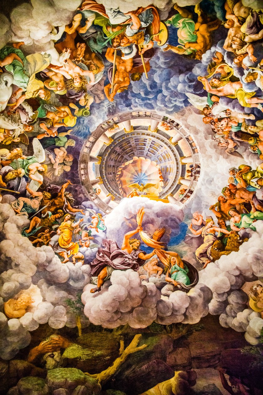 曼纳主义最有名的壁画：朱利奥-罗马诺的幻象发明了一个穹顶，将房间的建筑溶入巨人的倒下，巨人厅 作者 未知艺术家