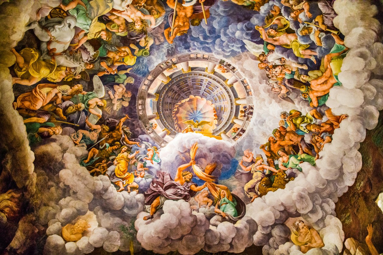 最著名的矫饰主义壁画：朱利奥·罗马诺的幻觉发明了一个圆顶，并将房间的建筑融入巨人的坠落中，巨人大厅 作者 未知艺术家
