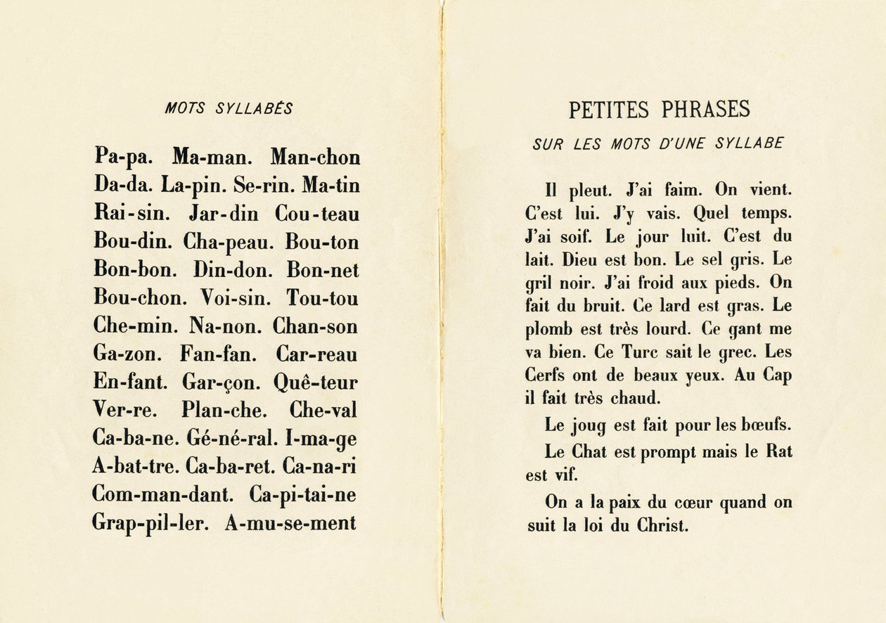 音节单词和音节单词上的小句子 - 来自 ABCD des petits filles 的雕刻。 Pellerin & Cie，印刷出版商，Epinal，约 1890 年。意甲。尺寸：19 x 13.5 厘米。 作者 不明