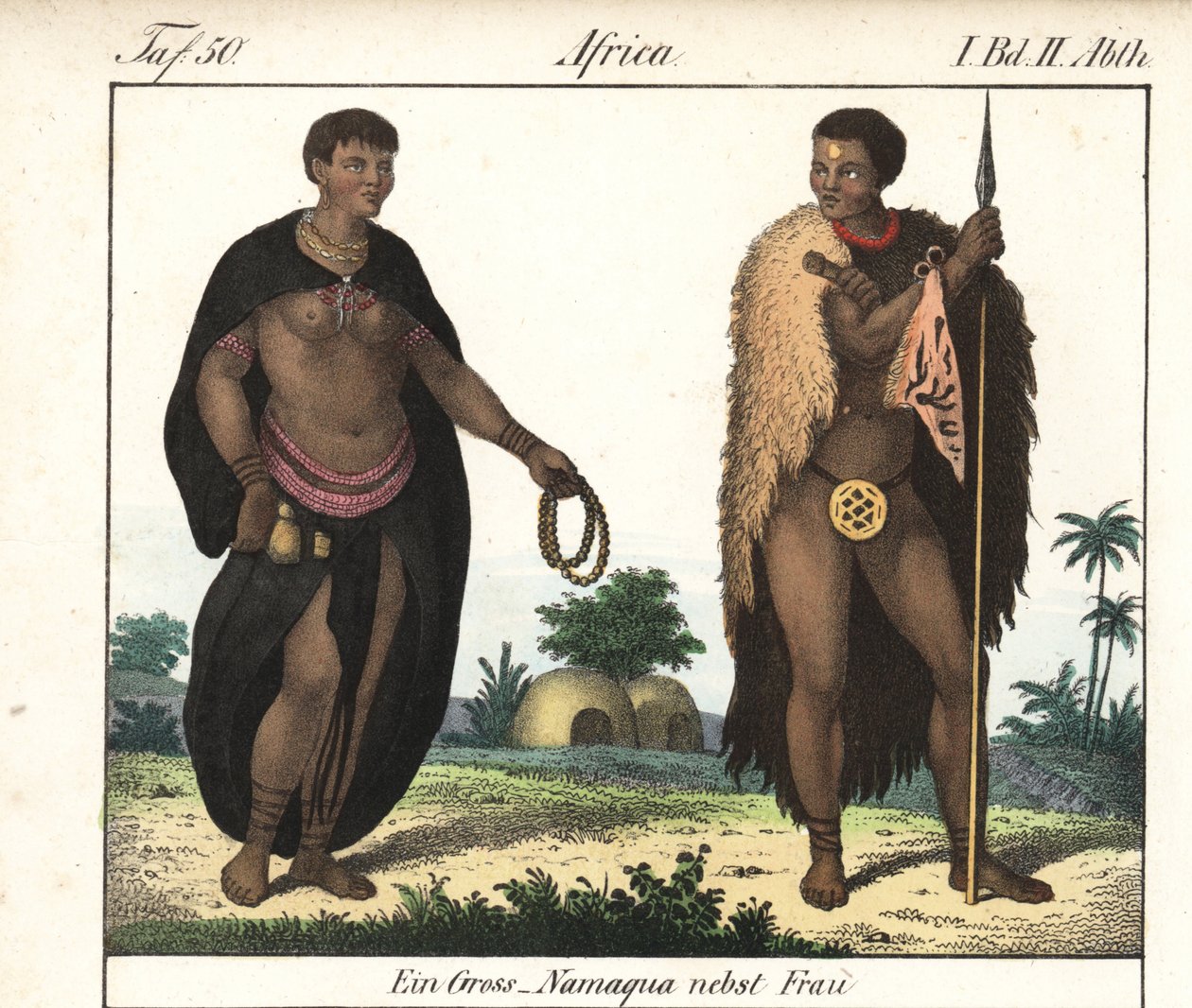 纳马夫妇（南非）。该书的石版画：Friedrich Wilhelm Goedsche（1785-1863 年）著，迈森版（德国），"Galerie complete en tableaux fideles des peuples d