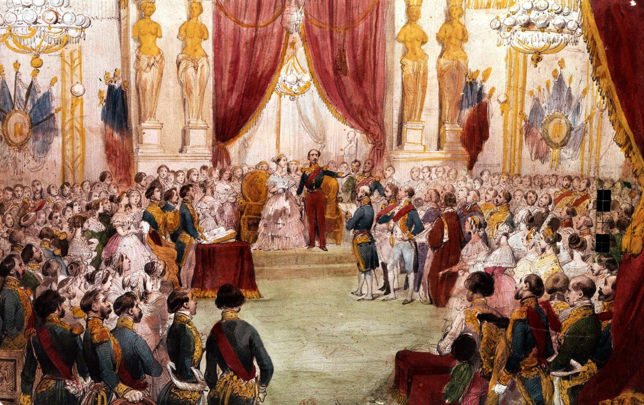 拿破仑三世 1853 年的民间婚礼：皇帝向宫廷介绍他的妻子尤金妮亚，水彩画，19 世纪 作者 未知艺术家
