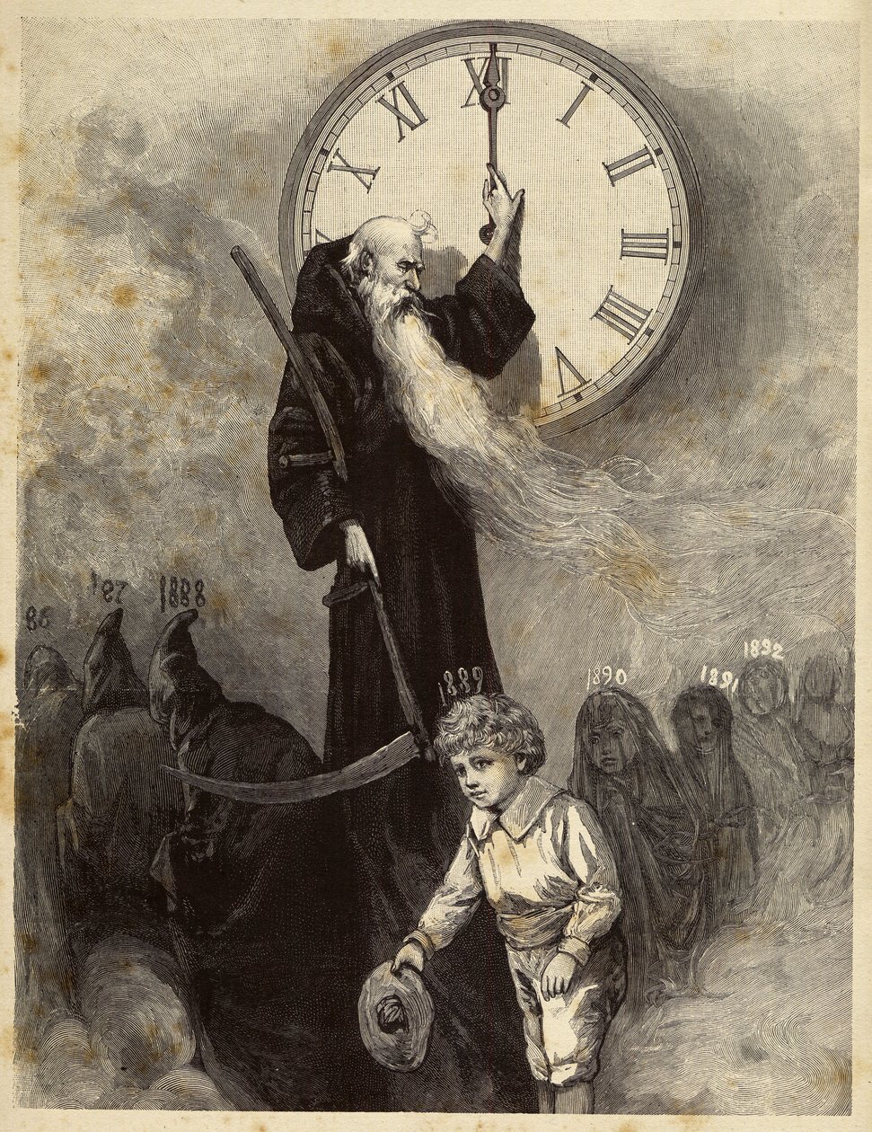 1889 年的新年寓意》描绘了象征旧年的老拱顶让位于象征新年的微笑小男孩。时间转动着时钟的指针，注视着这一场景。19 世纪版画 作者 未知艺术家