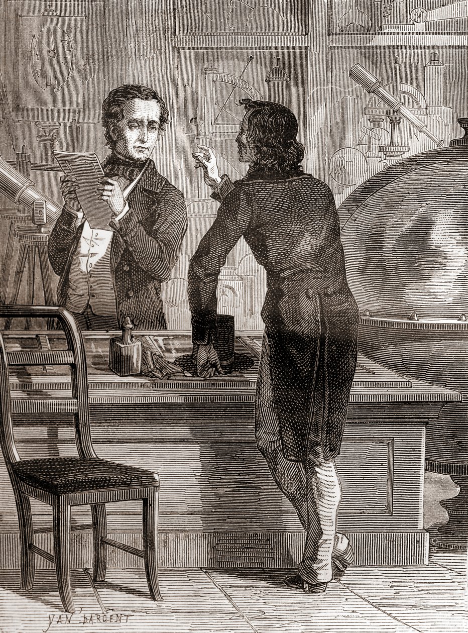 尼塞波尔-尼埃普斯（Nicéphore Niépce）在查尔斯-谢瓦利埃（Charles Chevalier）的光学和仪器商店里，当时还默默无闻，穷困潦倒，出自《科学的奇迹》，约1870年出版（雕刻）。 作者 不明