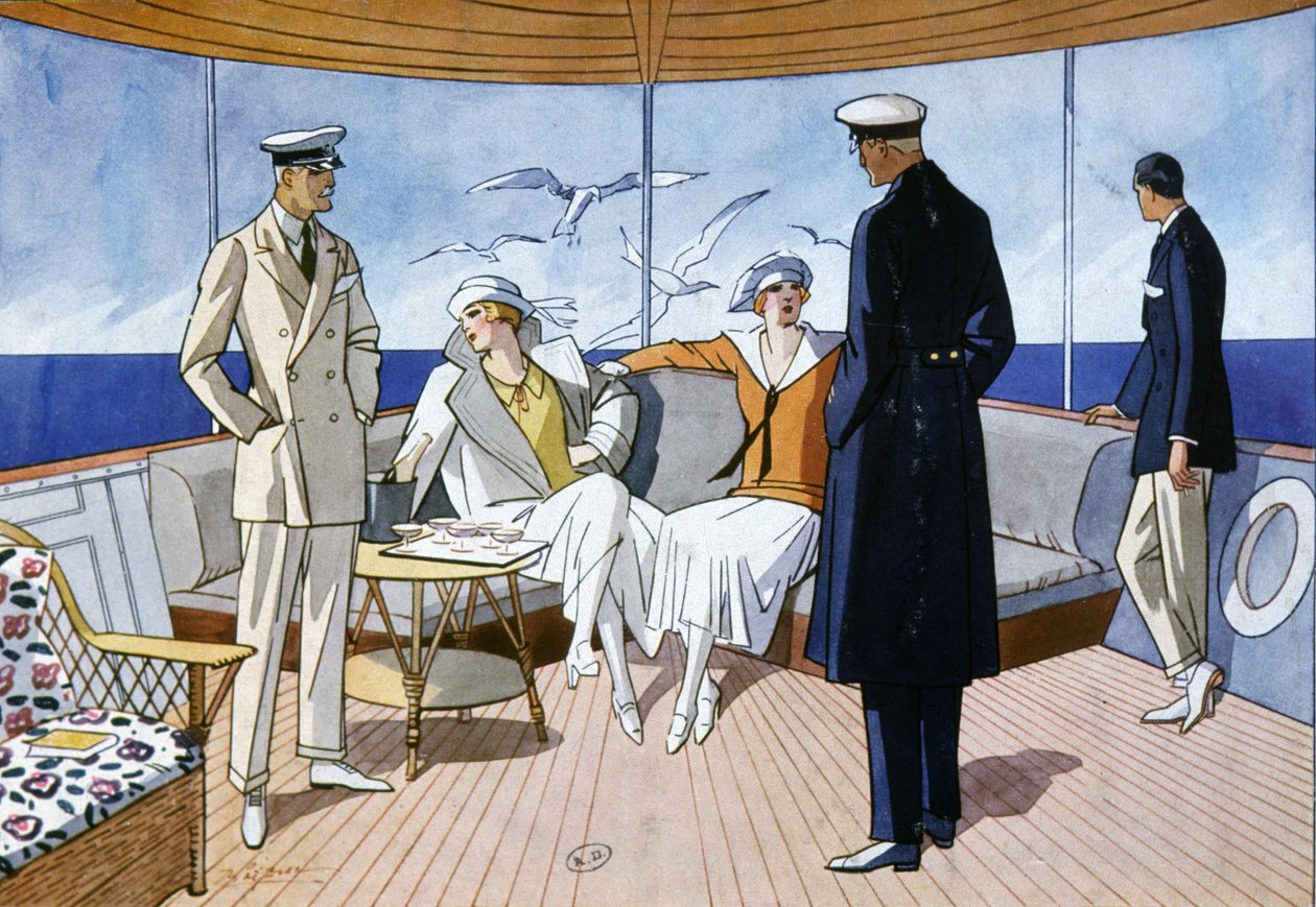 游艇上，约 1925 年（水彩画） 作者 未知艺术家