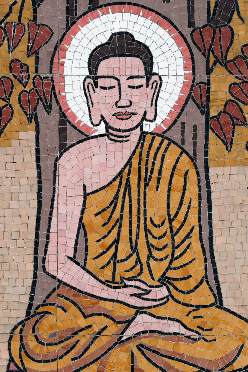 王女佛塔，壁画，佛陀的生活，释迦牟尼佛在菩提树下坐禅的姿势，越南归仁，2019年（照片）。 作者 不明