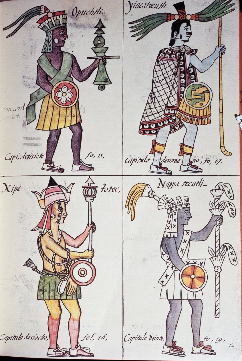 Opochtli, Xipe Totec, Yacatecuhtli和Nappatecutli, 佛罗伦萨手抄本的页面，西班牙语和纳瓦特尔语版本，《新西班牙事物通史》（Historia general de las cosas de Nueva Espana），阿兹特克人 作者 未知艺术家