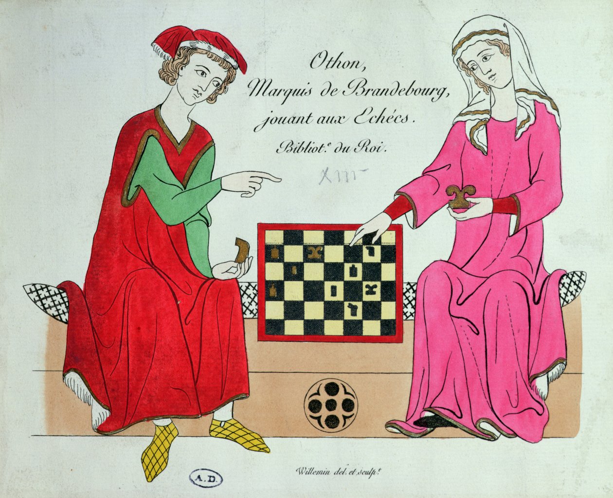 勃兰登堡侯爵奥托四世与一位女士下棋，插图来自《马内塞法典》或《海德堡之歌》的传真，约1305-40年在苏黎世制作（彩色平印）。 作者 不明