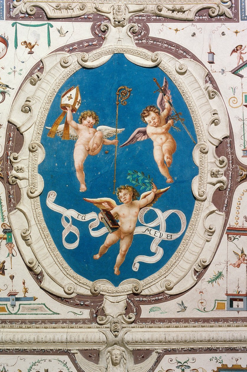 描绘三个普提的椭圆形（1560年），意大利皮埃蒙特曼塔（库内奥）曼塔城堡的怪兽厅天花板细节 作者 未知艺术家