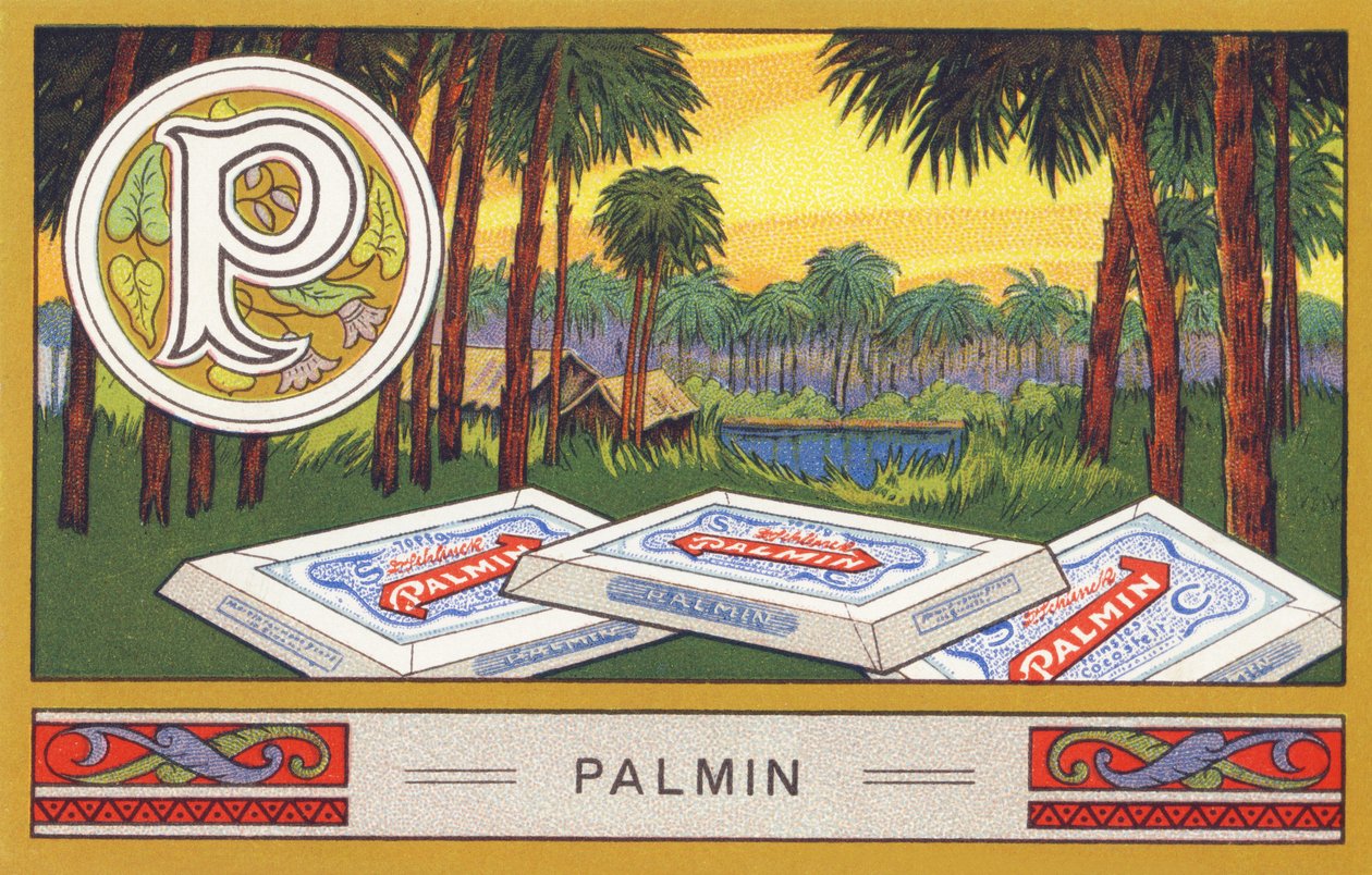 P: Palmin - 字母表 Palmin。H. Schlinck & Cie, Hamburg, n.d.出版的彩色石版画系列。Palmin feinstes Cocosfett的广告。尺寸：7 x 11 cm 作者 未知艺术家