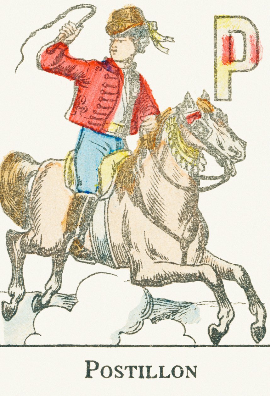 P: 波西隆，一个穿着哥萨克服装的年轻骑手--来自 "Alphabet des jeux "的雕版画，约1890年。 作者 不明
