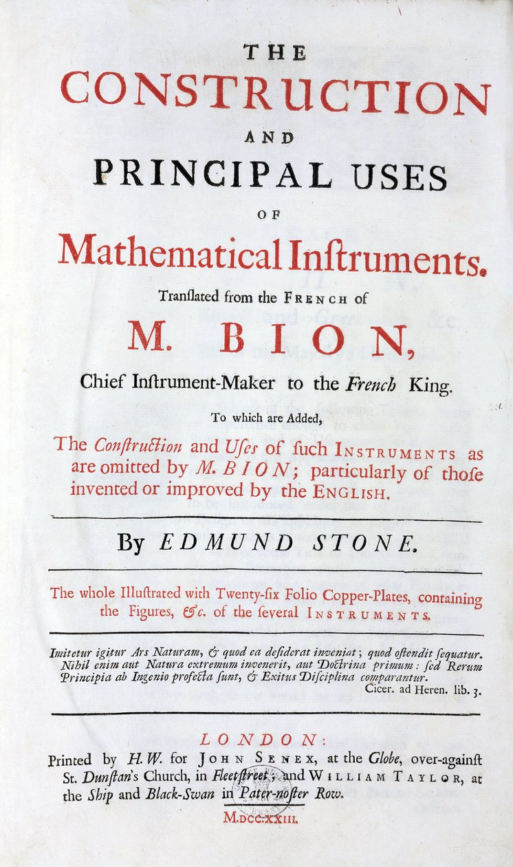 尼古拉斯·比昂（Nicolas Bion，1652-1933 年）关于数学仪器的书的扉页，英文翻译，增加了“英语改进”，1723 年在伦敦出版 作者 不明