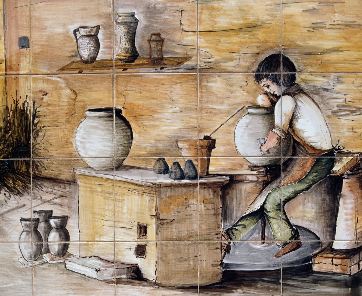 描绘制陶场景的彩绘麦饭石板，由意大利西西里岛Santo Stefano di Camastra的Ceramiche Desuir公司手工制作，详细介绍 作者 未知艺术家