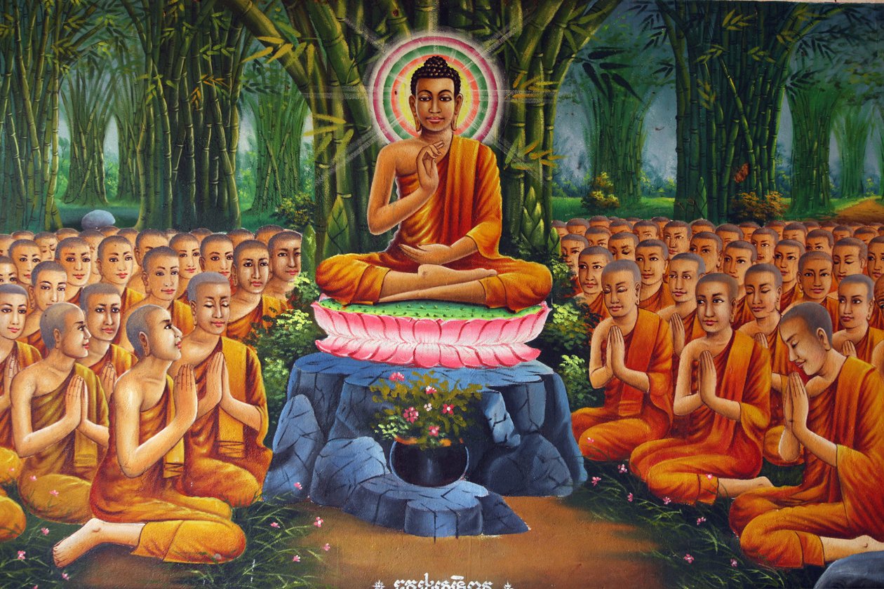 描绘佛祖对僧侣的教导的画作 Udong Cambodge 作者 不明