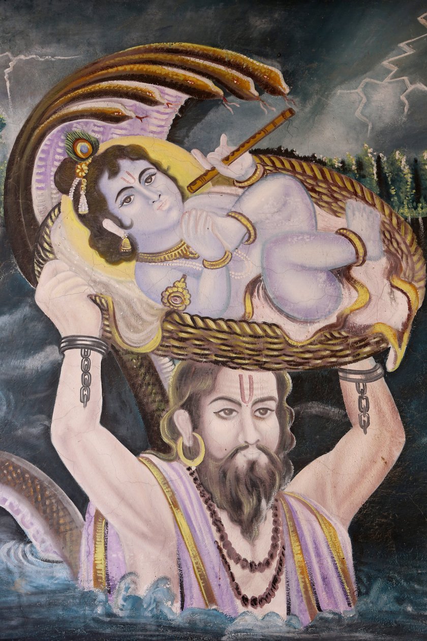 Gokul的画作：Vasudeva将克里希纳作为婴儿抱过亚穆纳河。印度 作者 不明