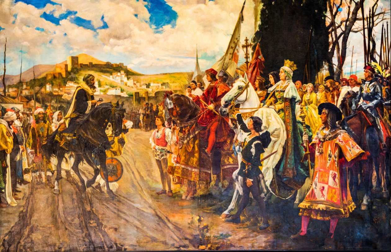 摩尔人将钥匙交给伊莎贝拉国王的绘画，西班牙安达卢西亚格拉纳达，天主教君主伊莎贝拉一世和费迪南德二世的皇家陵墓教堂，欧洲（照片） 作者 未知艺术家