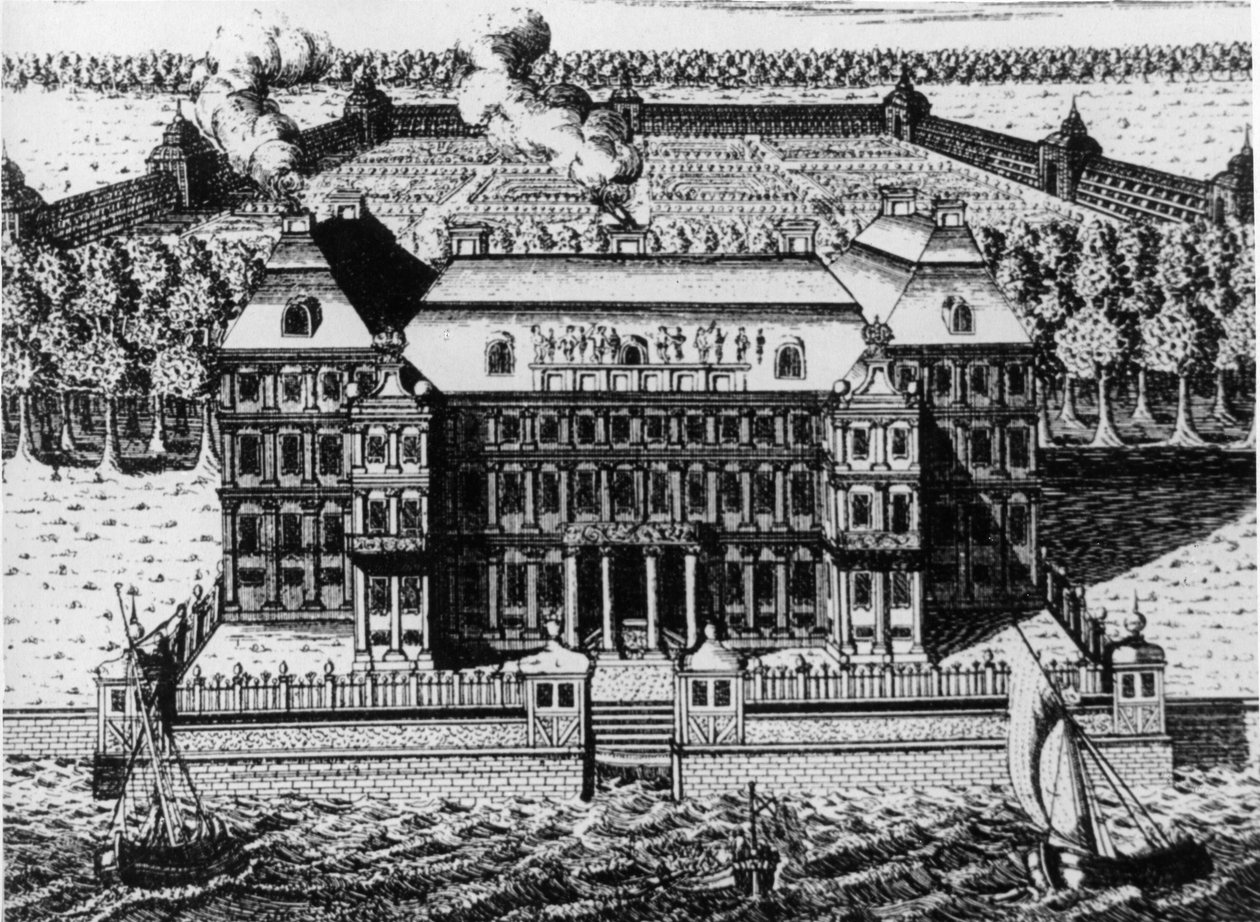 A 宫，瓦西里岛上的 Menshikov：圣彼得堡（1711-1716 年）最早建造的建筑之一，A, Zubov（1717 年）雕刻，俄罗斯。 作者 不明
