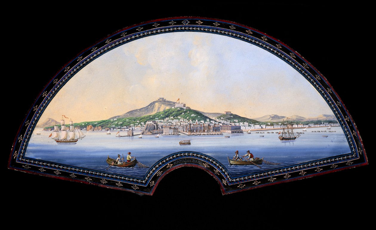 水粉画的纸扇模型，表现了大旅行的目的地，通常是18和19世纪的艺术家和知识分子在年轻时在地中海国家的实际旅行，以获得教育和丰富的知识。 作者 不明
