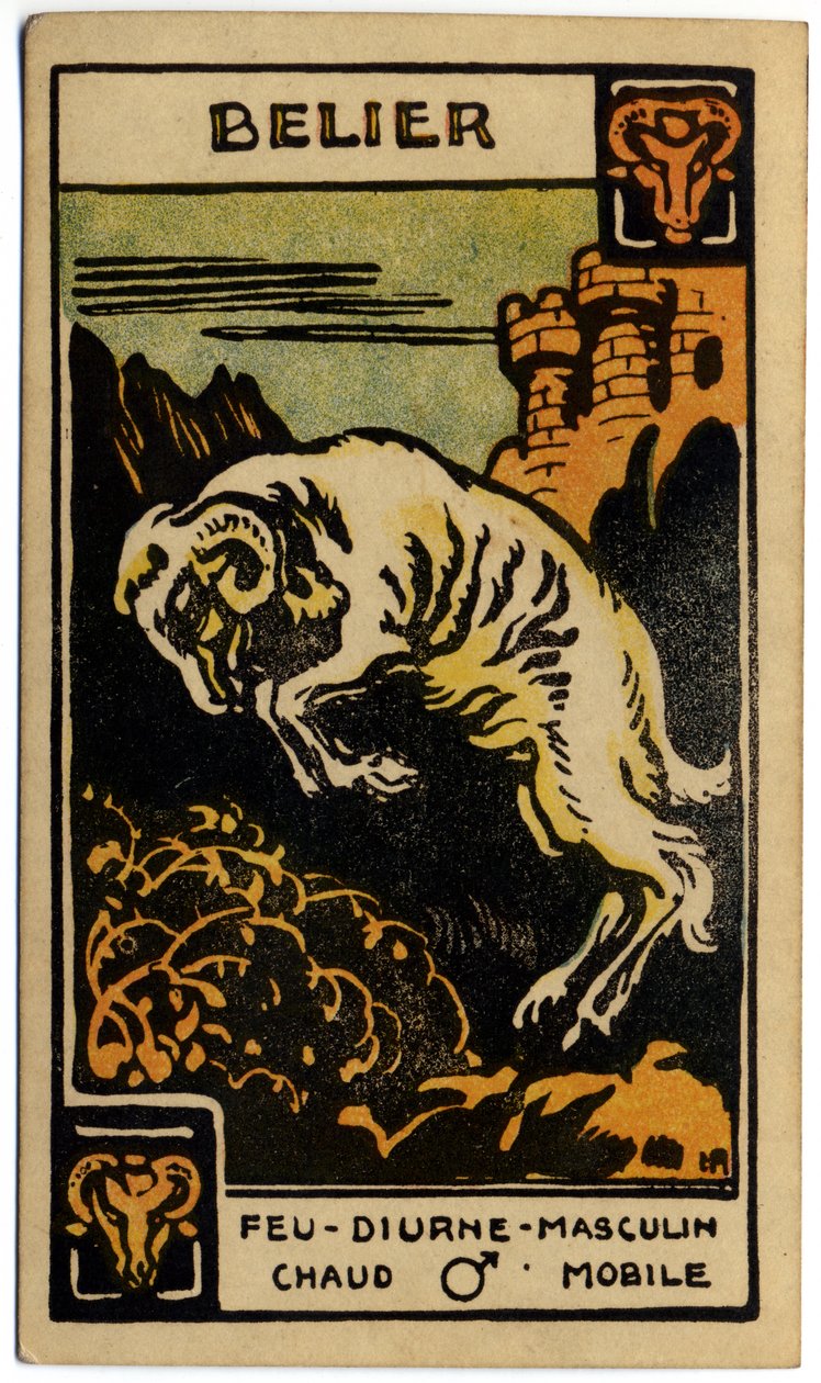 超自然现象。 占星术。 白羊座（公羊）。 占星卡来自：Le Tarot Astrologique（占星塔罗牌），作者：Georges Muchery，法国 作者 未知艺术家