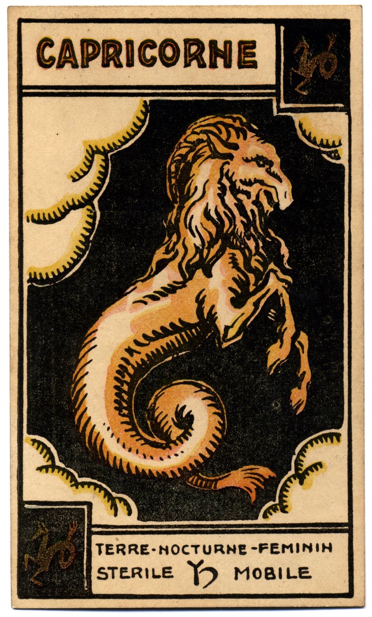 超自然现象。 占星术。 摩羯座（海神）。 占星卡来自：Le Tarot Astrologique（占星塔罗牌），作者：Georges Muchery，法国 作者 未知艺术家
