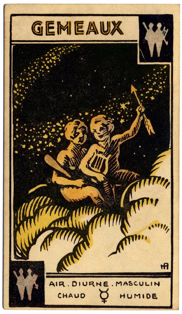 超自然现象占星术。双子座（双子）。占星牌选自：Le Tarot Astrologique（《占星塔罗牌》），作者乔治-穆切里，法国 作者 未知艺术家