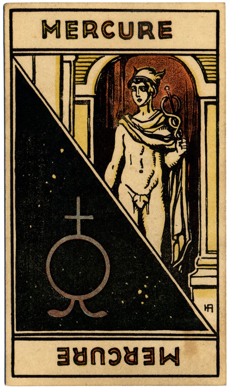 超自然现象。 占星术。 水星（行星）。 占星卡来自：Le Tarot Astrologique（占星塔罗牌），作者：Georges Muchery，法国 作者 未知艺术家