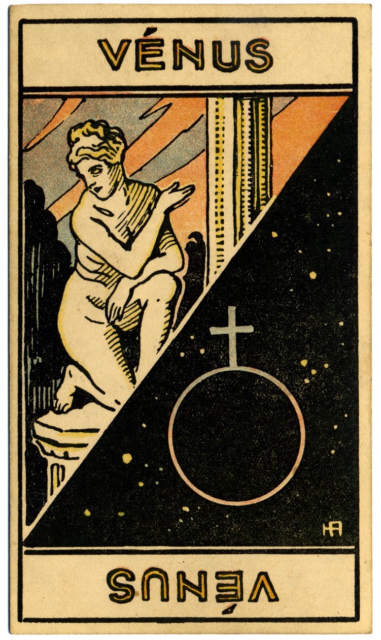 超自然现象占星术。金星（行星）。占星牌选自：《占星塔罗牌》，法国 Georges Muchery 著 作者 未知艺术家