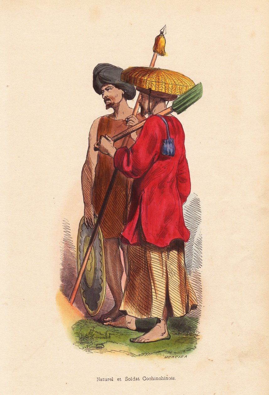科钦钦农民和士兵（越南）--越南（科钦钦）的男子：头戴头巾、手持盾牌和长矛的士兵，以及头戴草帽、身着长衫和手持铁锹的农民--Mercier 的手绘木刻，选自《世界各民族的面貌、习俗和服饰》（Moeurs, Uses et Costumes de tous les Peuples du Monde, As）。 作者 未知艺术家