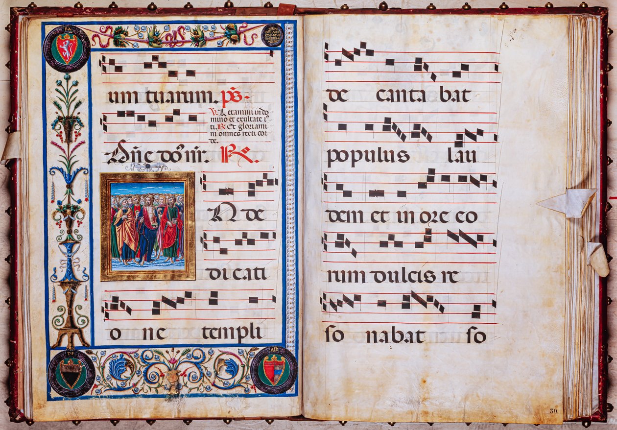 Piccolomini 图书馆：唱诗班唱本，cod.26.R，第 29v-30r 页，有乔瓦尼-迪-塔尔多的 "基督与众圣"。 作者 未知艺术家