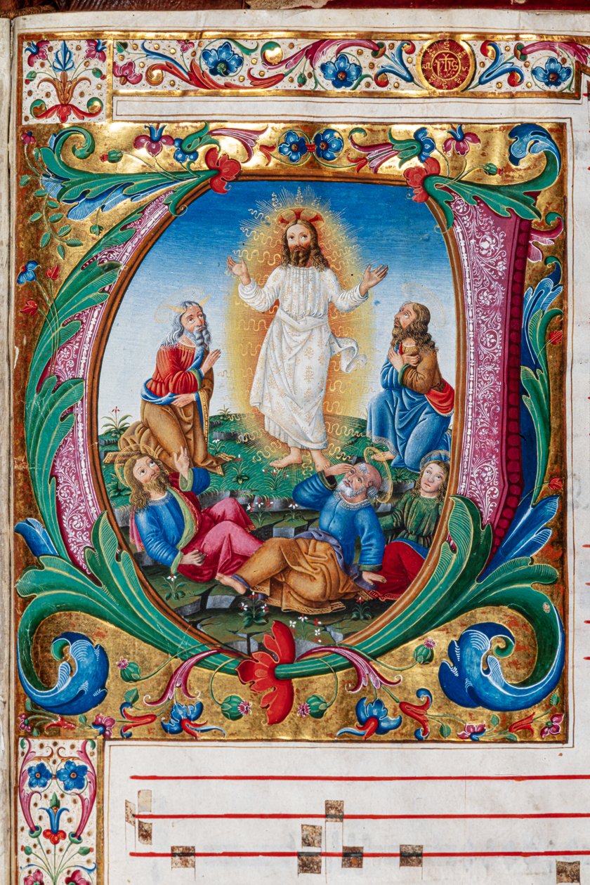 Piccolomini 图书馆：唱诗班手册，cod.29.13, ff.第 30r 页 "变容"，由佛罗伦萨插图画家绘制。细节。 作者 未知艺术家