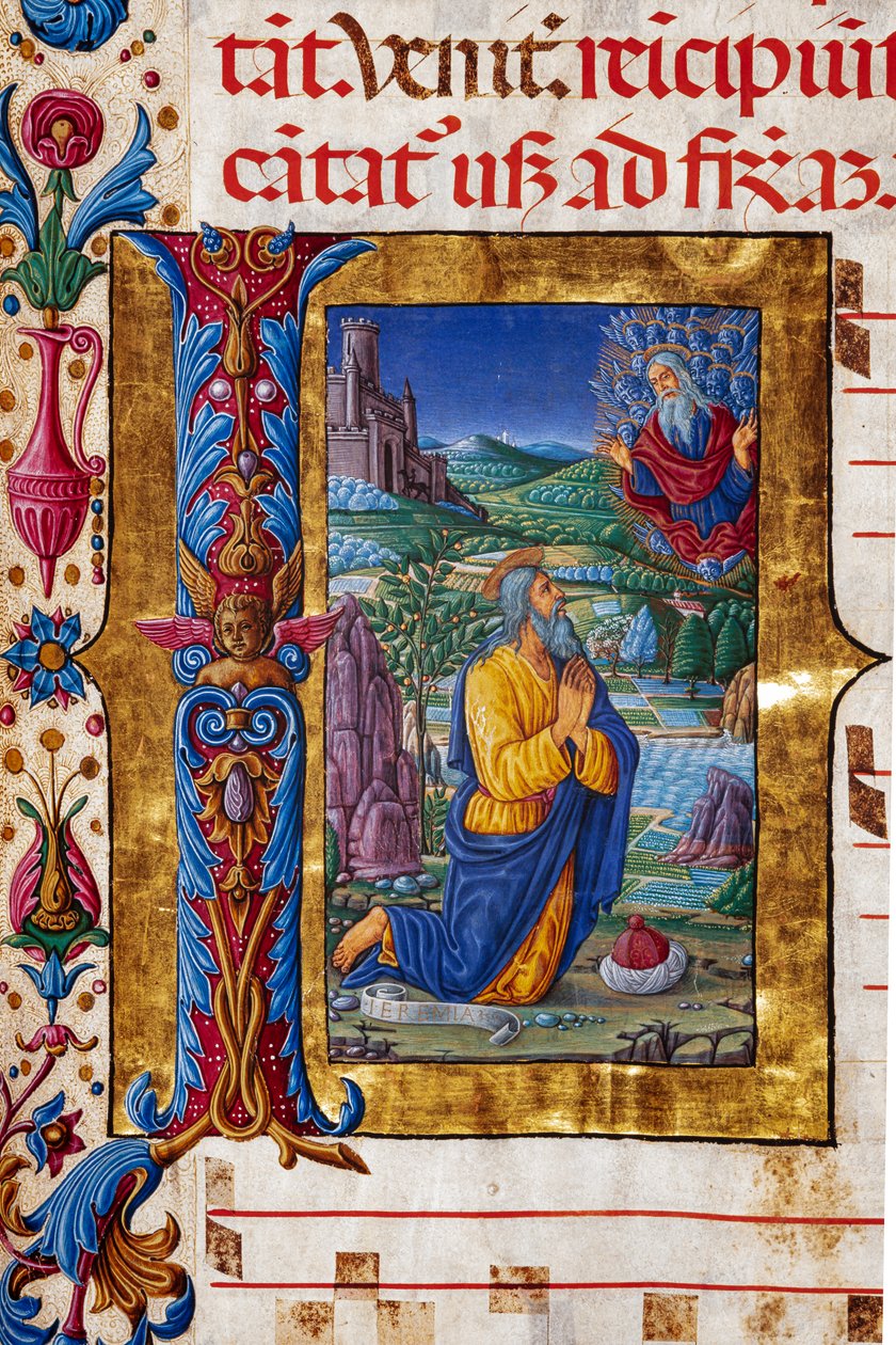 Piccolomini 图书馆：唱诗班唱本，cod.7.G, ff.40v 配有 Guidoccio Cozzarelli 创作的 "Jeremias 的幻象"。详细内容。 作者 未知艺术家