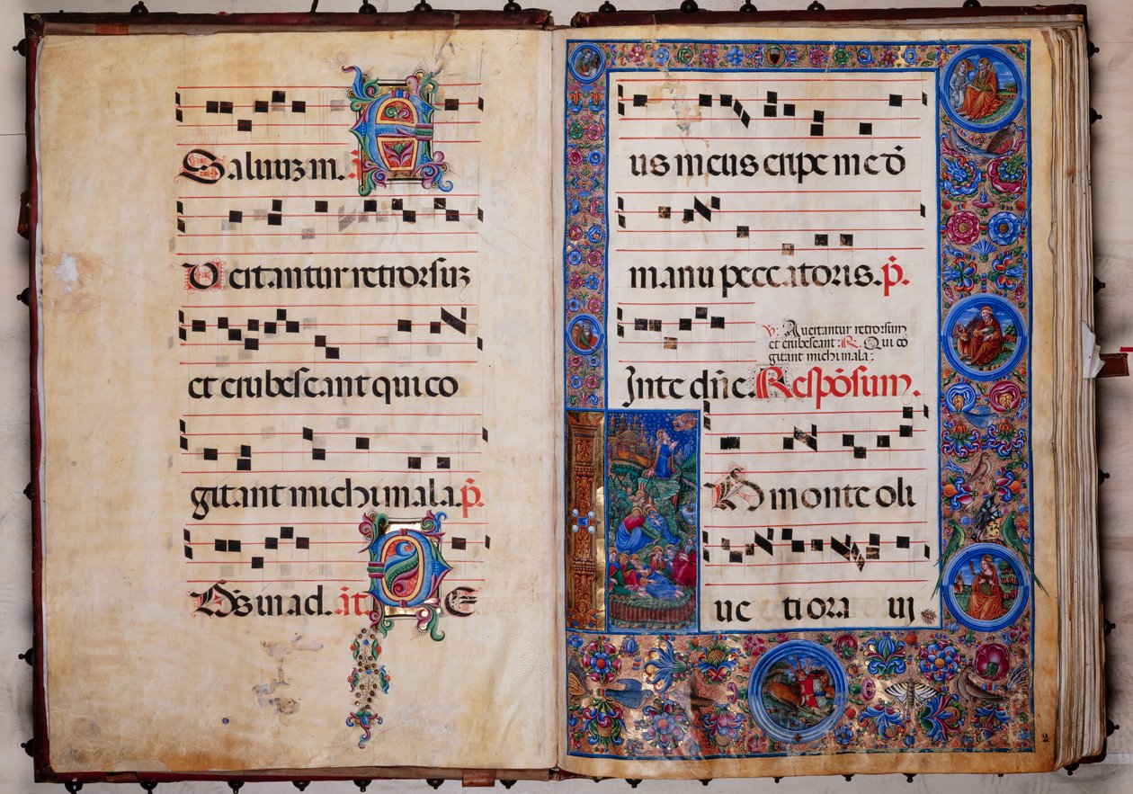 Piccolomini 图书馆：唱诗班唱本，cod.8-H, ff.1v-2r 配有贝尔纳迪诺-西格诺尼（Bernardino Cignoni）的 "基督在客西马尼花园"。 作者 未知艺术家