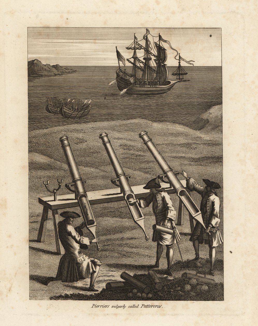 Pierriers firing stones at a ship in a bay 作者 不明
