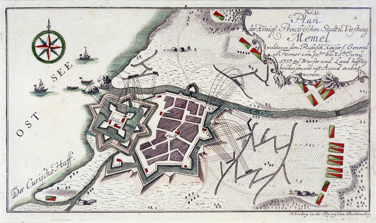 梅梅尔（今立陶宛克莱佩达）的平面图，1757 年 6 月 27 日至 7 月 5 日城市投降期间。1764 年彩色水蚀刻。 作者 未知艺术家