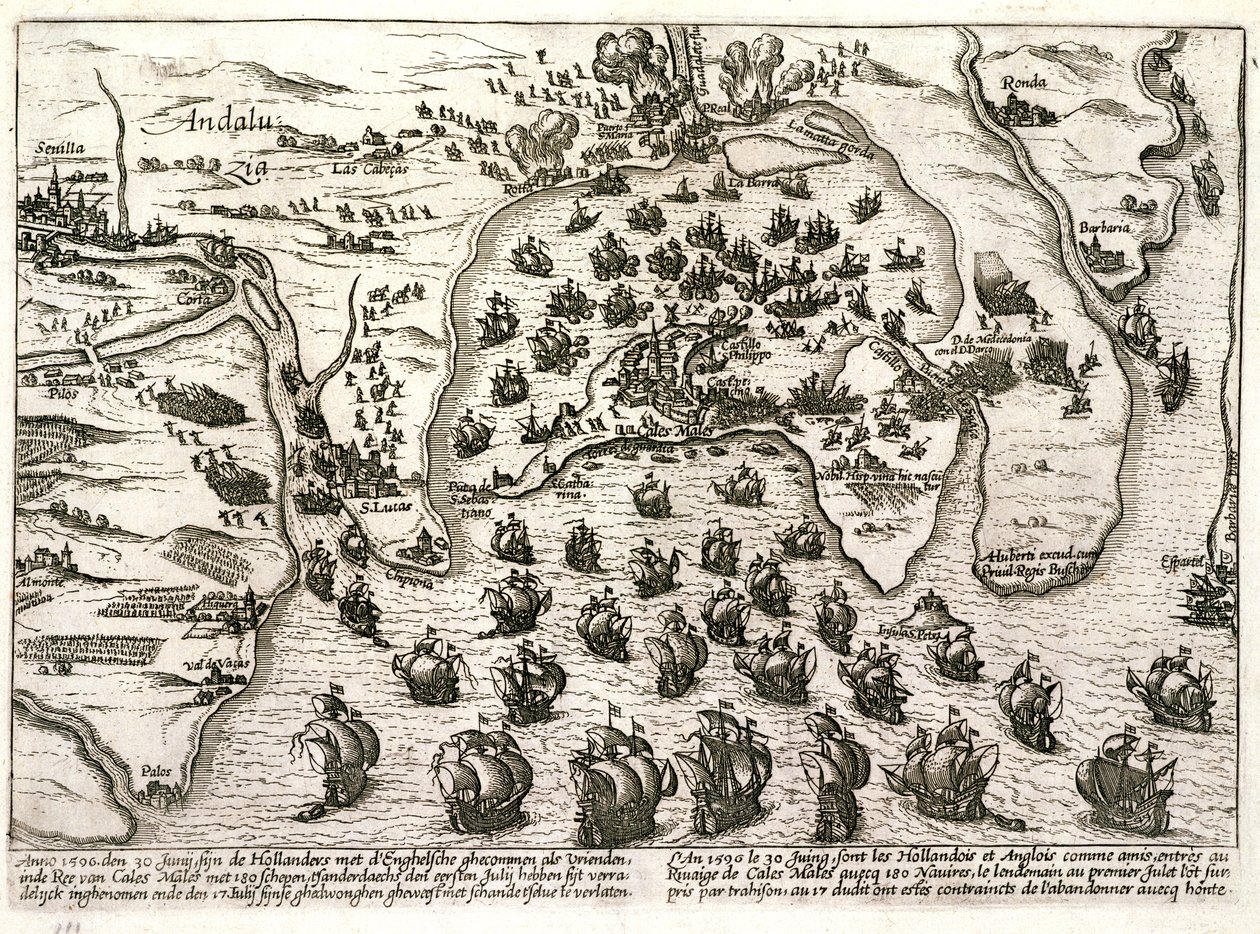 1596 年沃尔特-雷利爵士进攻加的斯港时的平面图（雕刻） 作者 未知艺术家