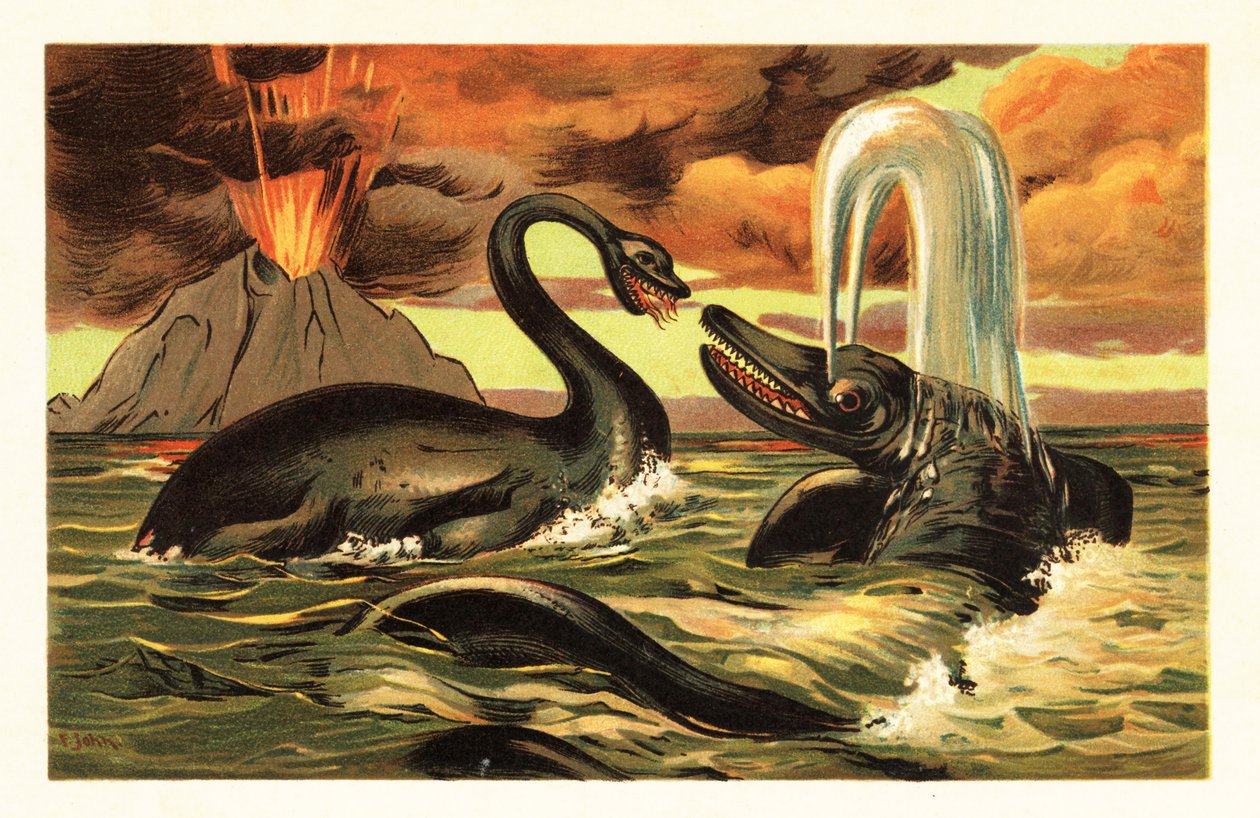 鱼龙和雷龙在火山爆发前搏斗 1908 年（石版画） 作者 未知艺术家