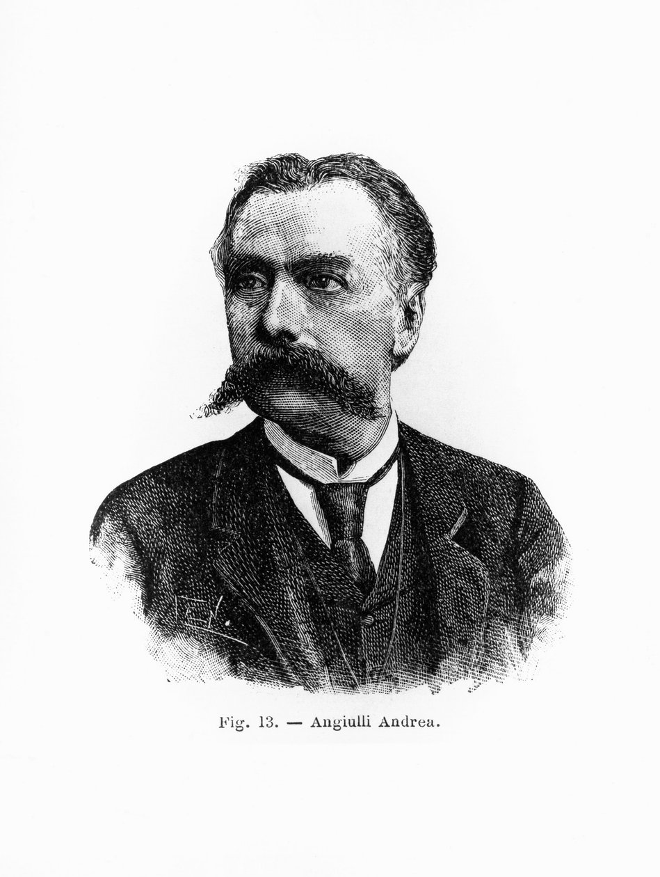 意大利哲学家和教育家安德烈-安吉利（1837-1890）的肖像，雕版画 作者 JB 和 Brown J. 和 Rowbotham