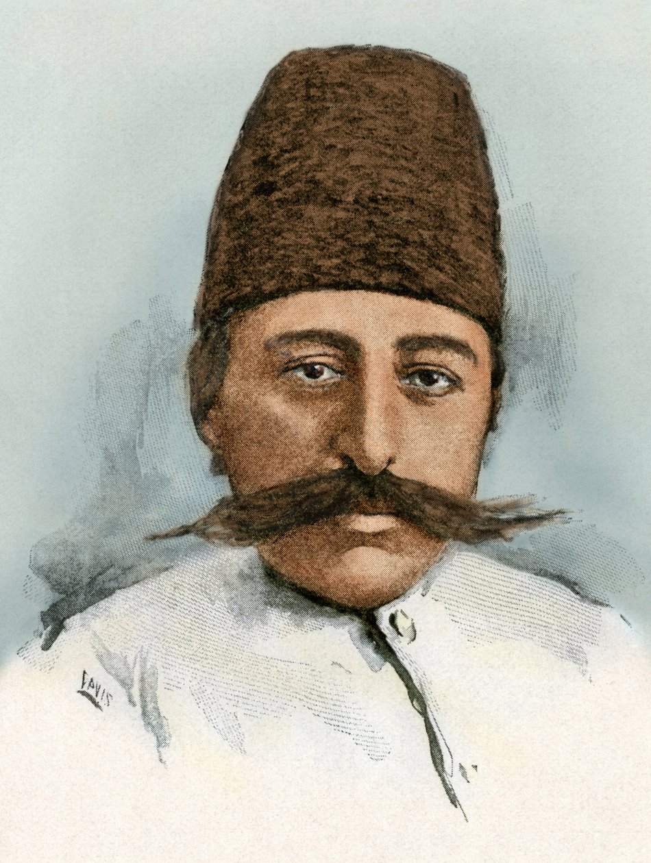 Mozaffar ad-din（ad Din）（Mozaffer ed dine、Mozaffer-ed-dine、Mozzafar-al-Din、Mozzafar al-Din、Mozaffaredin）（1853-1907 年）的肖像，1896 年至 1907 年期间的伊朗国王。19 世纪彩色雕刻。 作者 未知艺术家