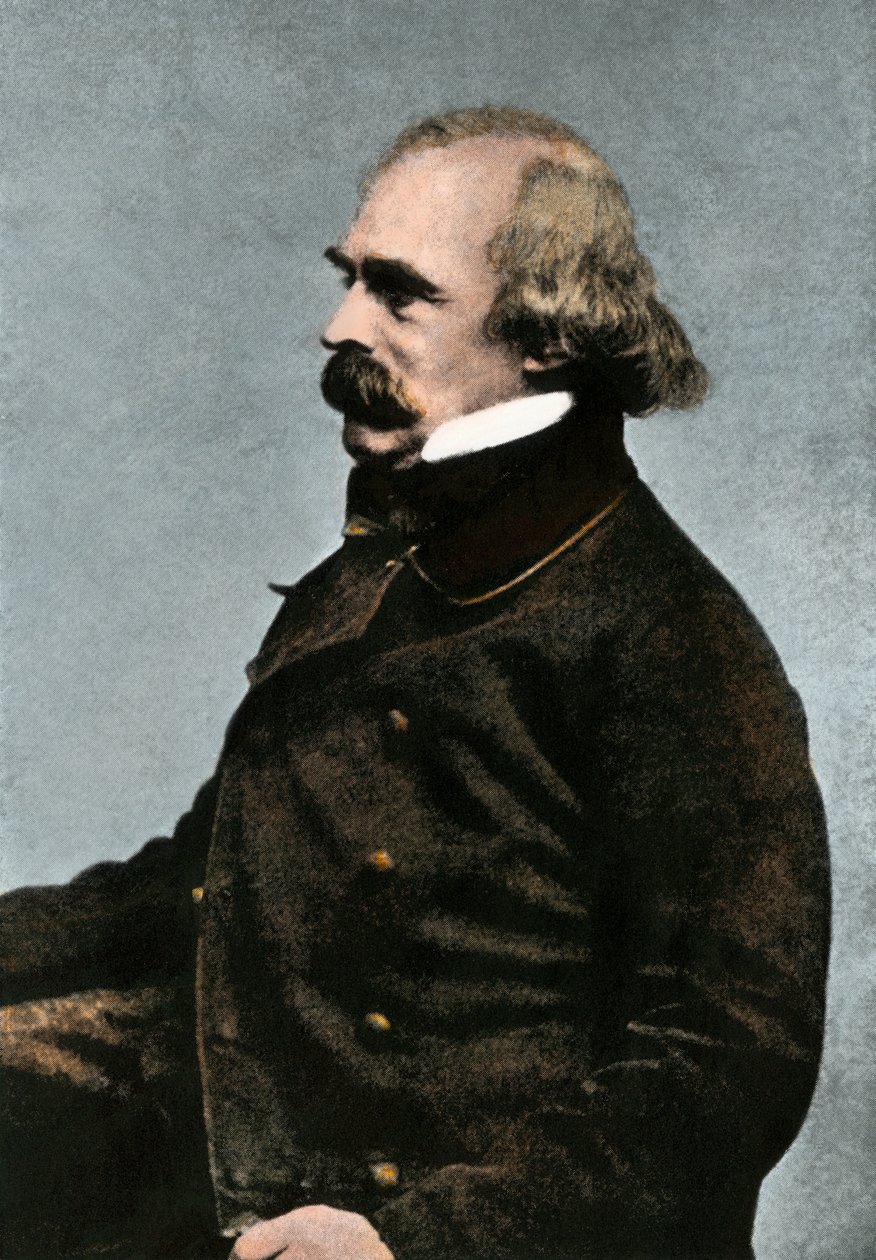 美国作家纳撒尼尔-霍桑（1804-1864 年）肖像，约 1862 或 1863 年 - 彩色摄影 19 世纪 - （纳撒尼尔-霍桑，约 1862 或 1863 年 - 波士顿拍摄照片的手工彩色半色调复制品） 作者 未知艺术家