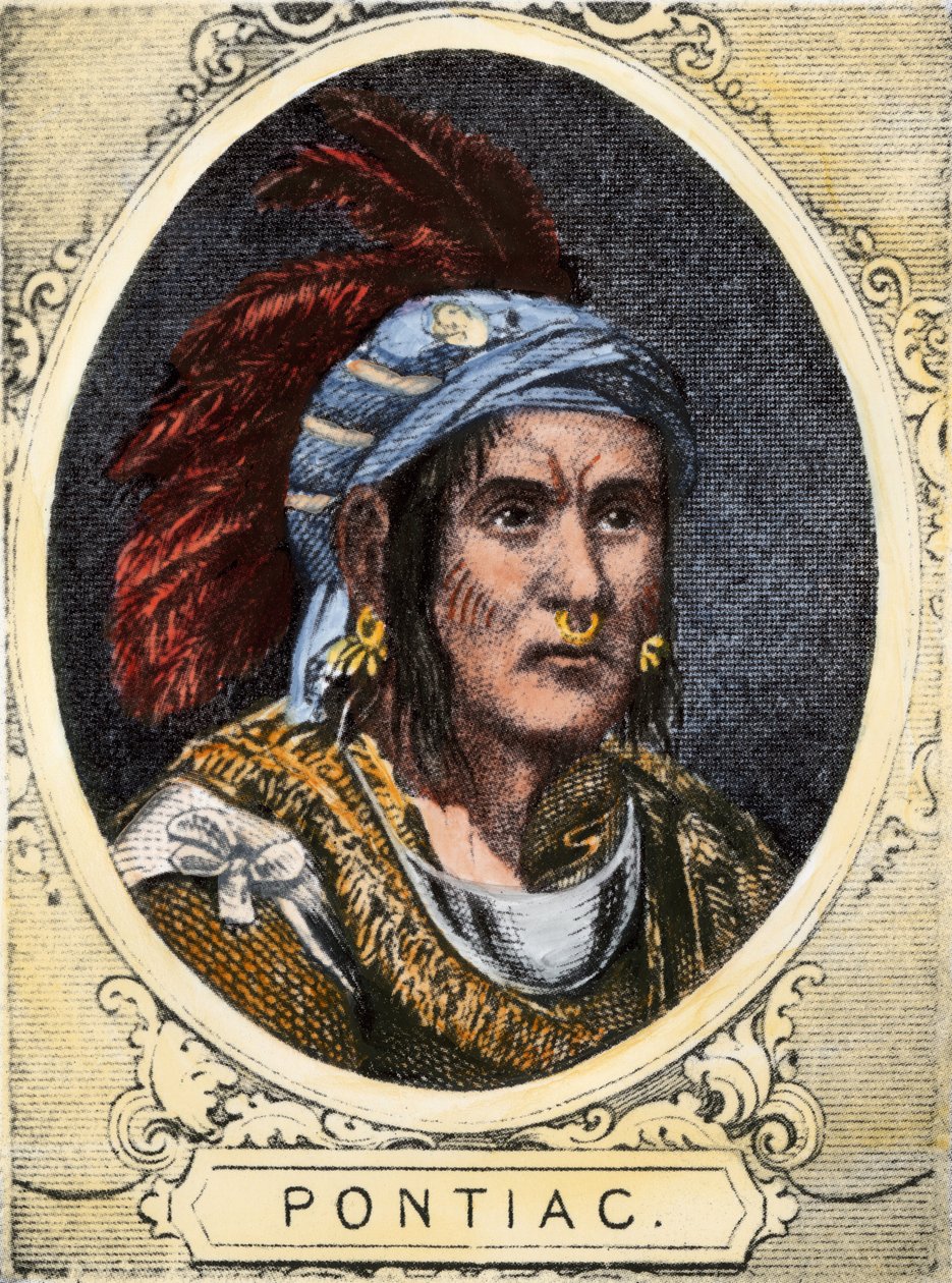 底特律（渥太华民族）Outaouais 印第安部落酋长庞蒂亚克（或 Obwandiyag，约 1714-1769 年）的肖像。19 世纪彩色版画。 作者 未知艺术家