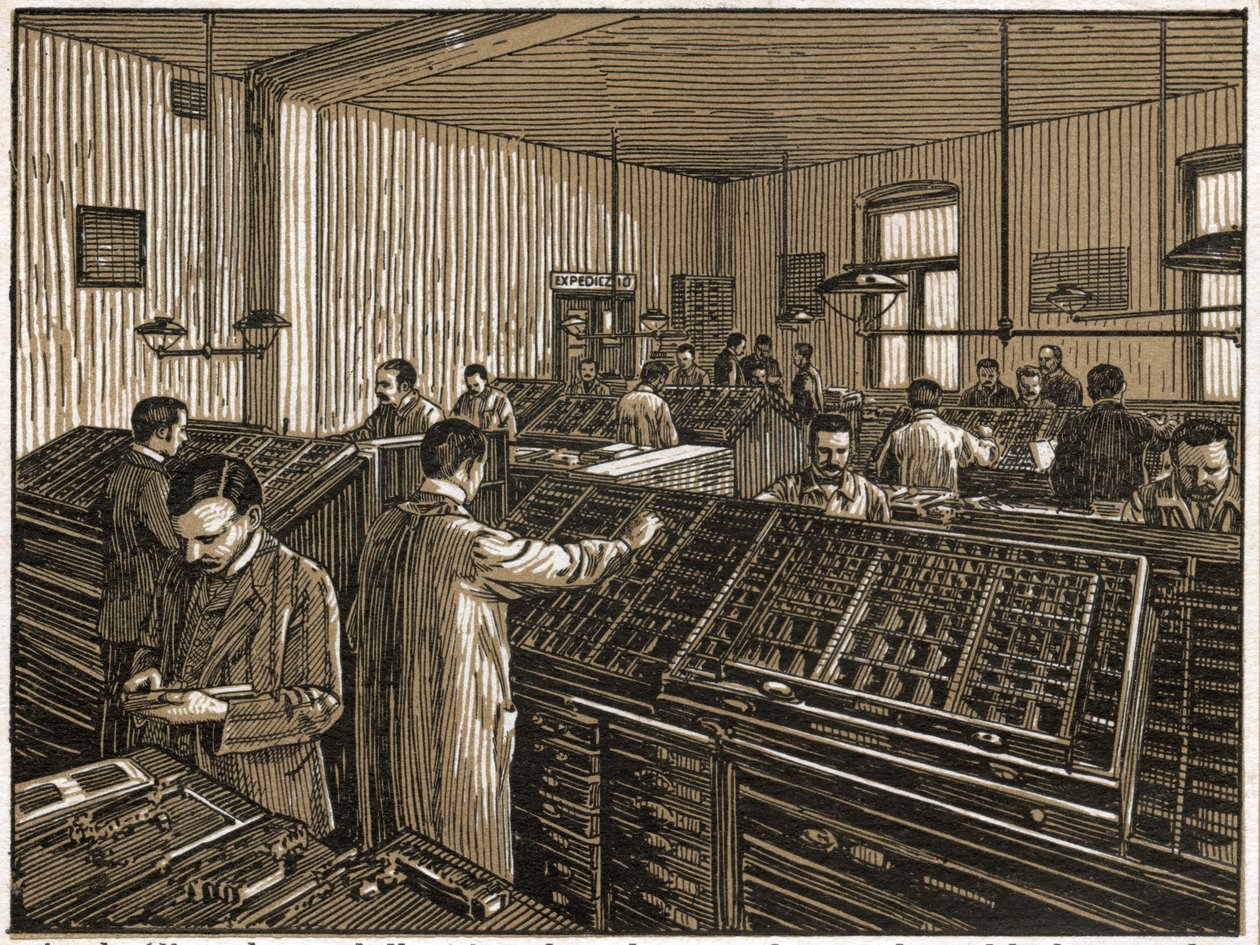 布达佩斯的印刷店。(雕刻，约 1910 年） 作者 未知艺术家