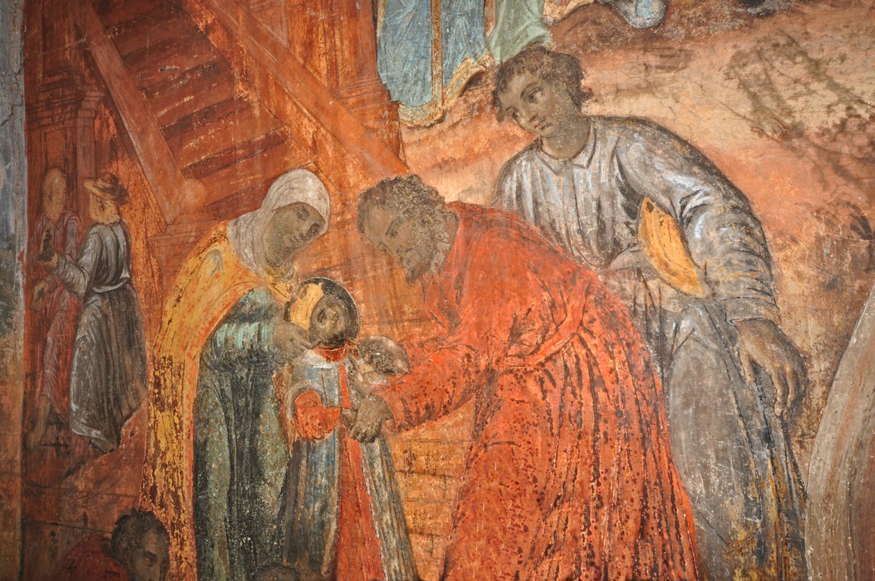 俄罗斯，乌格利奇，俄罗斯东正教圣迪米特里厄斯血腥教堂（1630 年），描绘德米特里乌斯（伊凡雷帝之子）之死的壁画 作者 不明