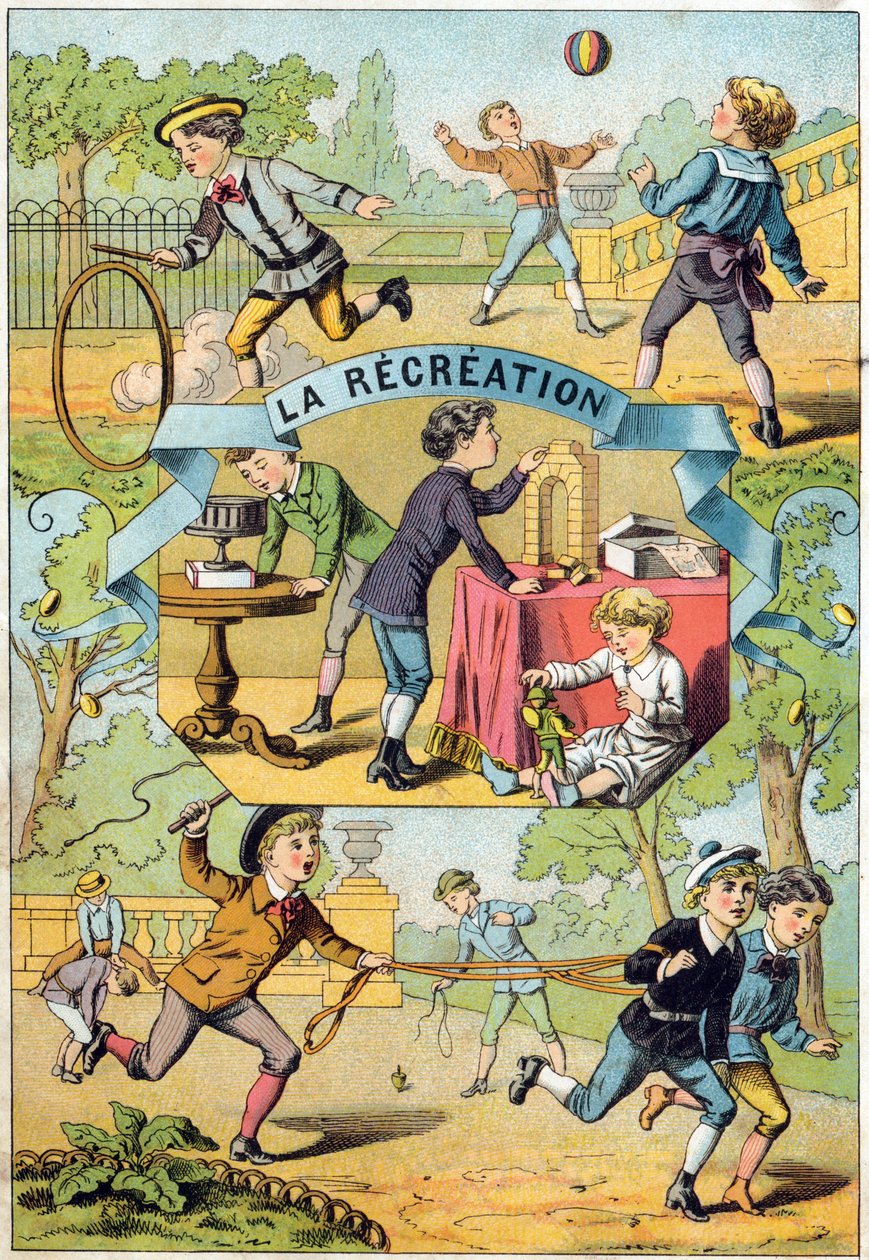 学校院子里的娱乐活动。在 "Alphabet des petits ecoliers "中的雕刻。埃皮纳尔的图像，约1885年。Privee收藏 作者 不明