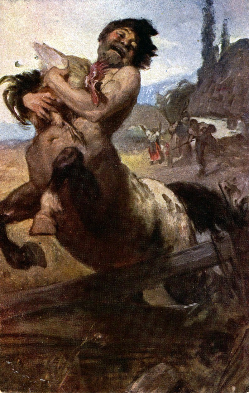 宗教。希腊神话。半人马盗贼》，Gyula Benczur 插图，匈牙利，约 1910 年。部分。(明信片） 作者 未知艺术家