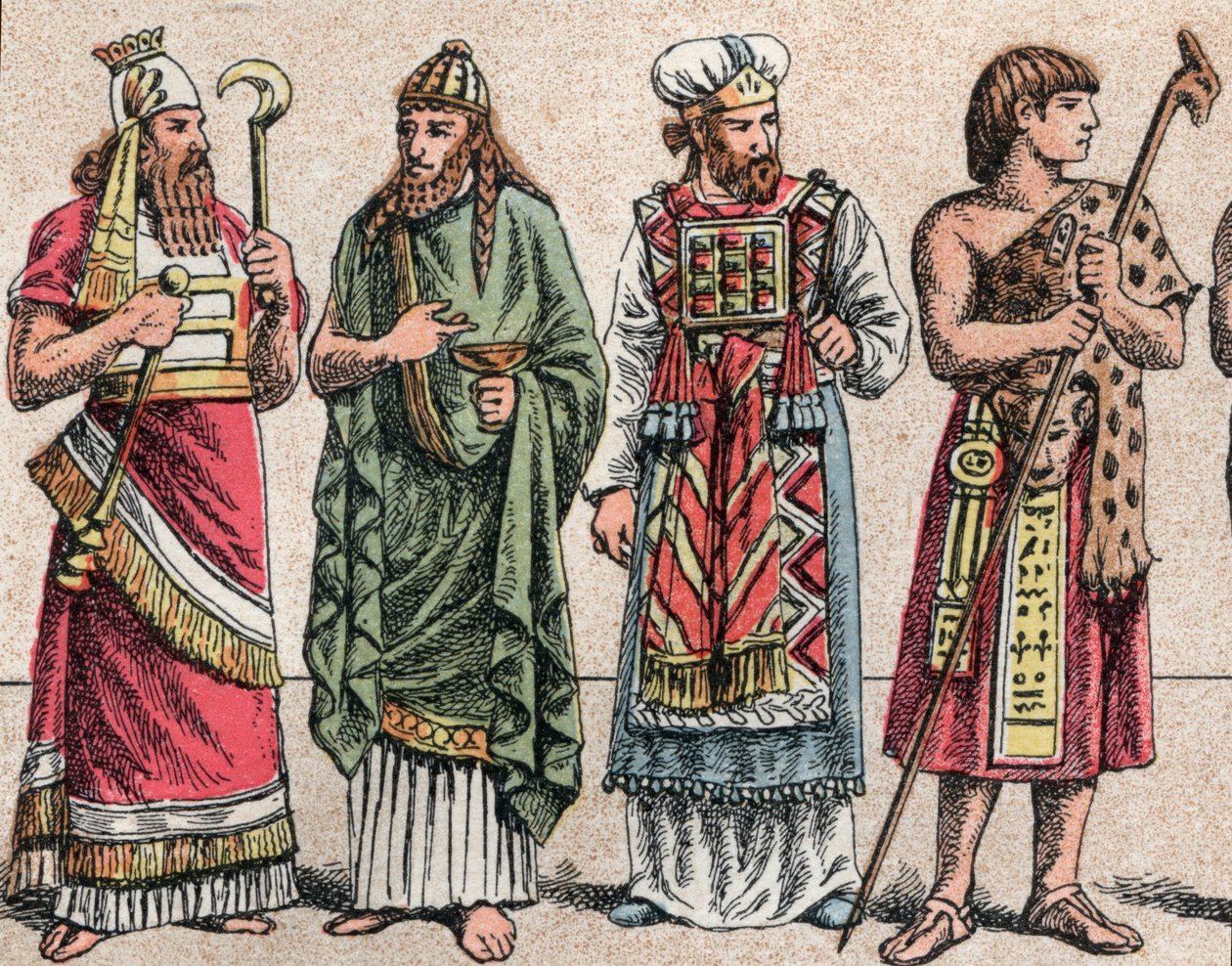 古代的宗教服装（彩色平版印刷）。 作者 不明