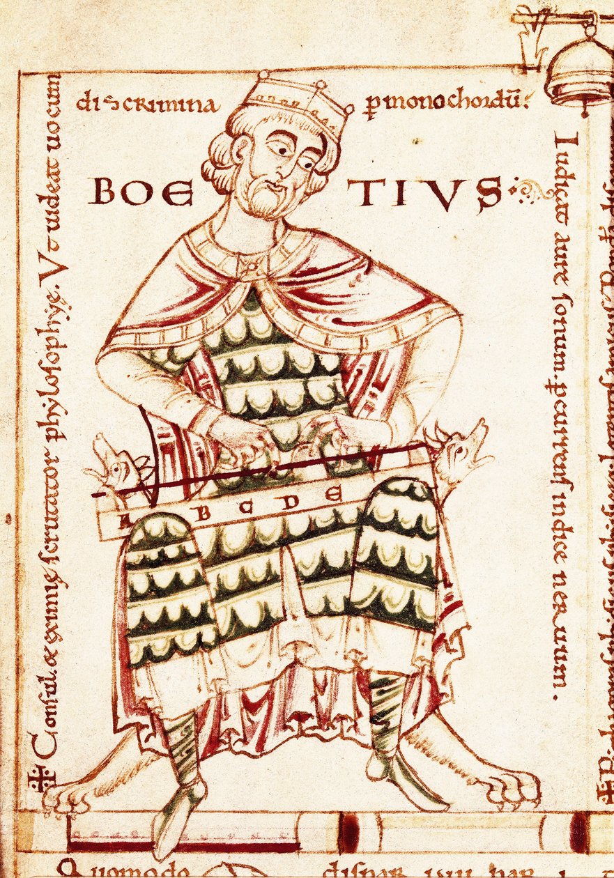拉丁哲学家博伊斯（Anicius Manlius Severinus Boetius或Boethius）（480-524）手持乐器（音乐研究）的形象。来自坎特伯雷手稿的微型画。 作者 不明