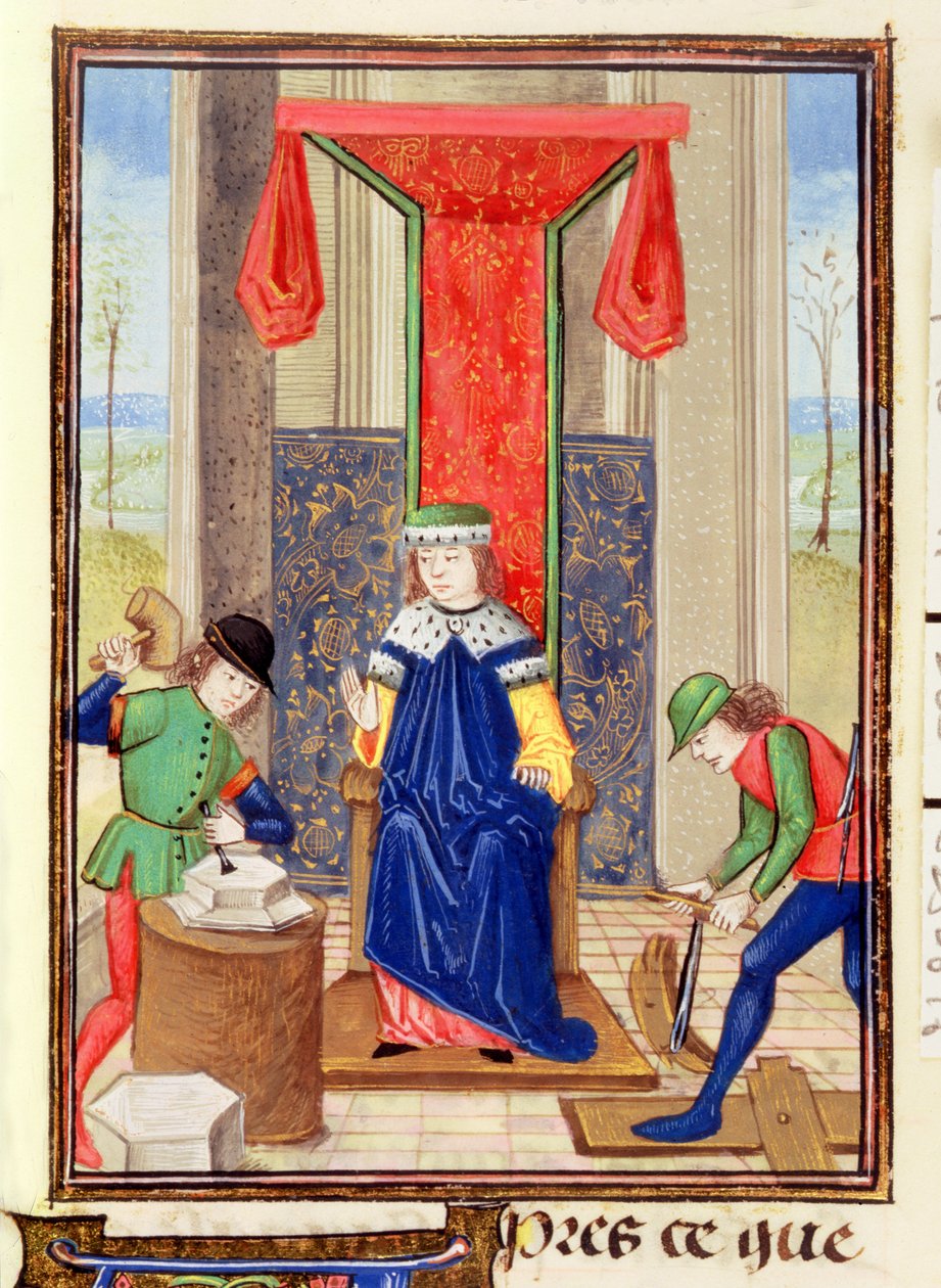 Roy 15 EII f.265 师傅、木匠和石匠，选自 Bartolomeus Anglicus 的《Des Proprietez des Choses》。 作者 未知艺术家